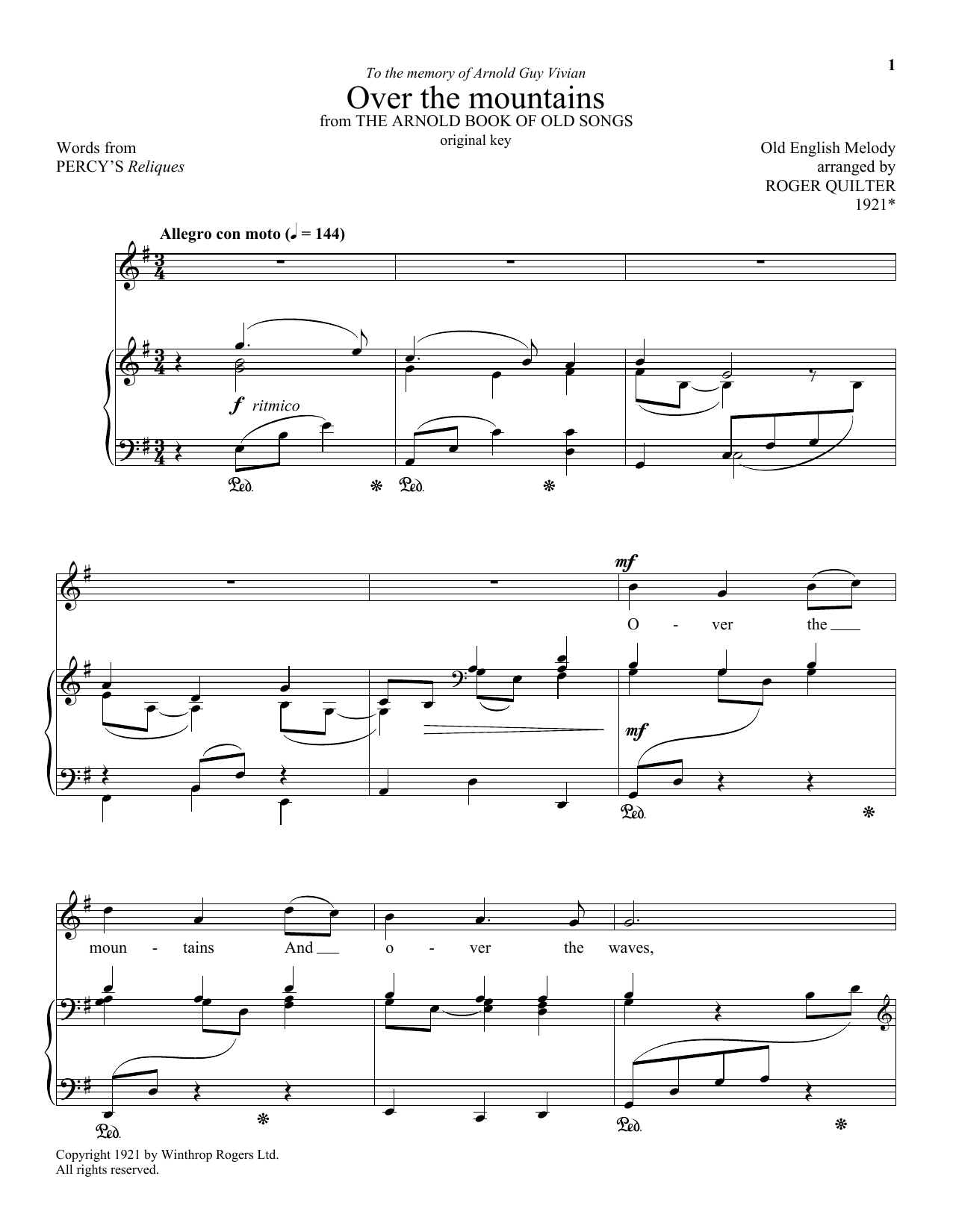 Download Roger Quilter Over The Mountains Sheet Music and learn how to play Piano & Vocal PDF digital score in minutes