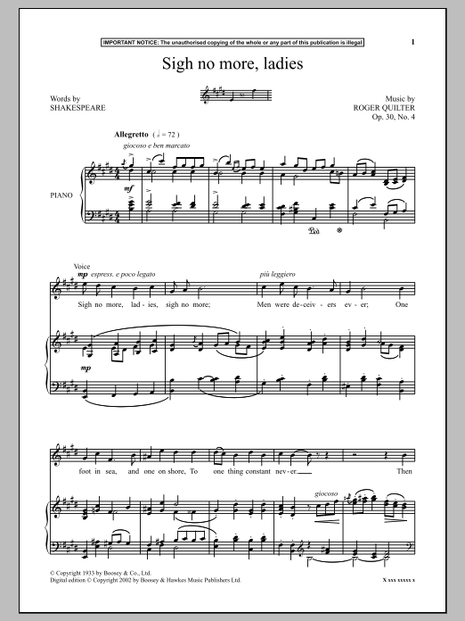 Download Roger Quilter Sigh No More, Ladies Sheet Music and learn how to play Piano PDF digital score in minutes
