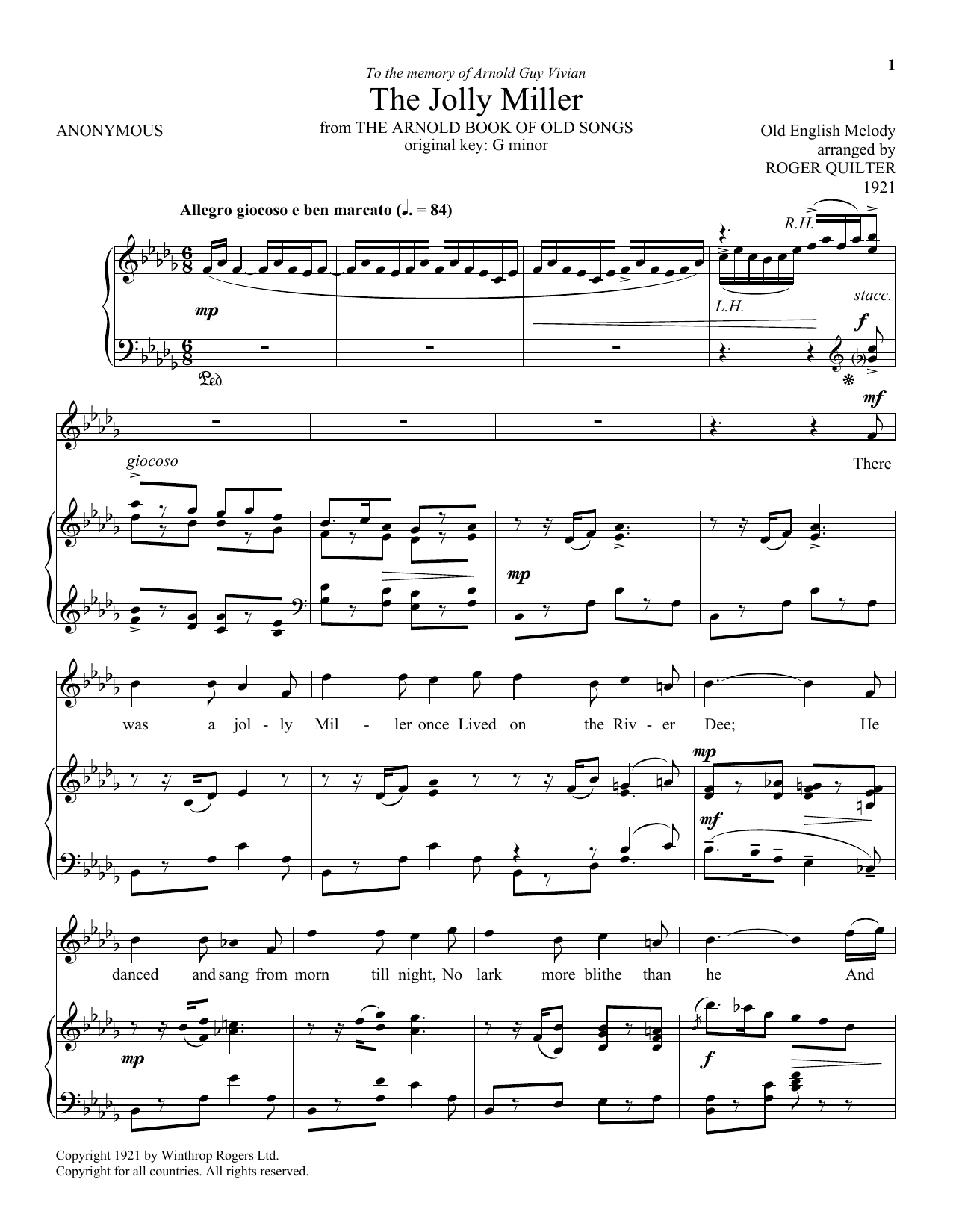 Download Roger Quilter The Jolly Miller Sheet Music and learn how to play Piano & Vocal PDF digital score in minutes