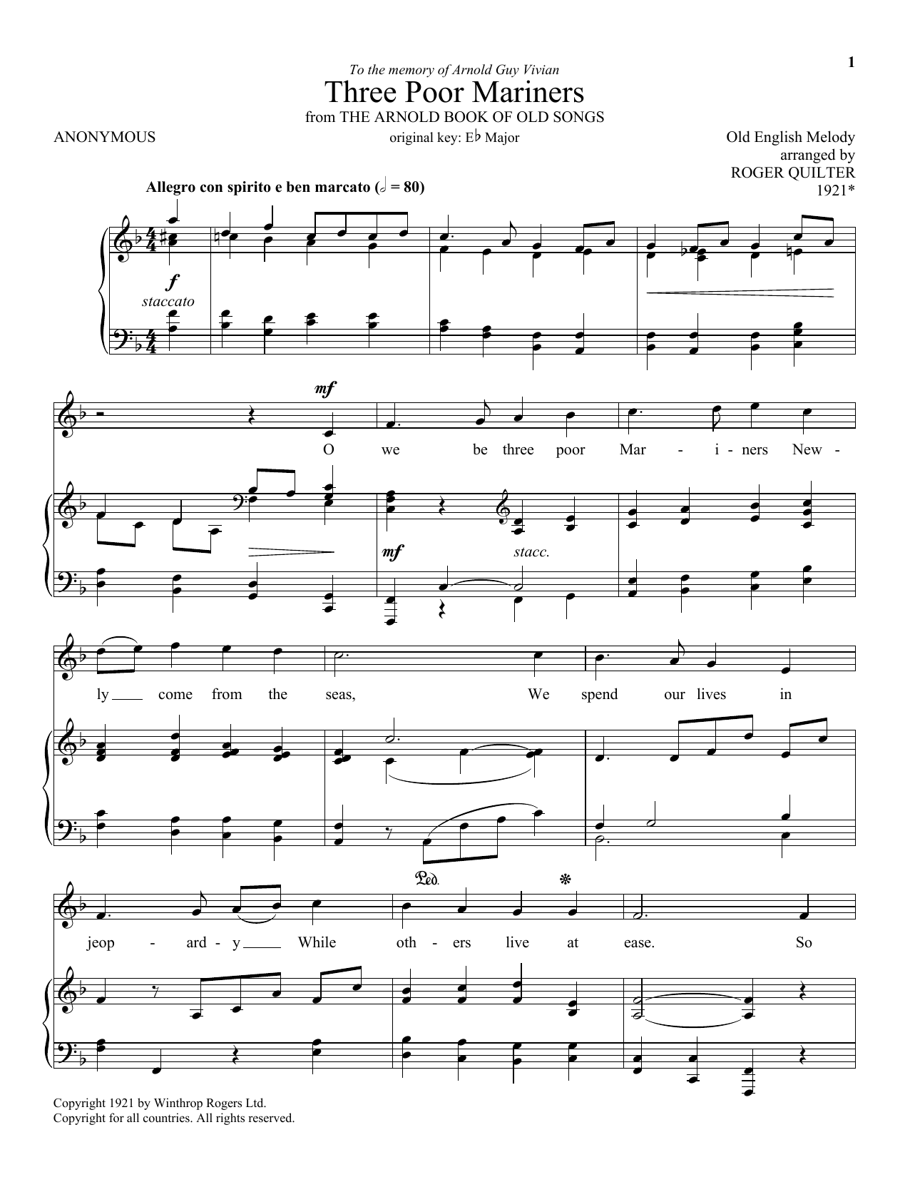 Download Roger Quilter Three Poor Mariners Sheet Music and learn how to play Piano & Vocal PDF digital score in minutes