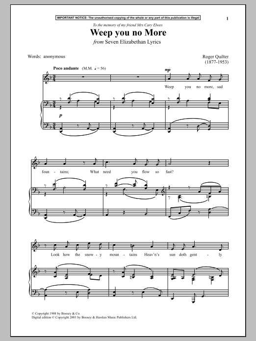 Download Roger Quilter Weep You No More (from Seven Elizabethan Lyrics) Sheet Music and learn how to play Piano & Vocal PDF digital score in minutes