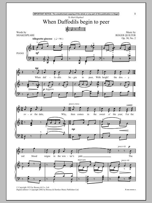 Download Roger Quilter When Daffodils Begin To Peer Sheet Music and learn how to play Piano PDF digital score in minutes