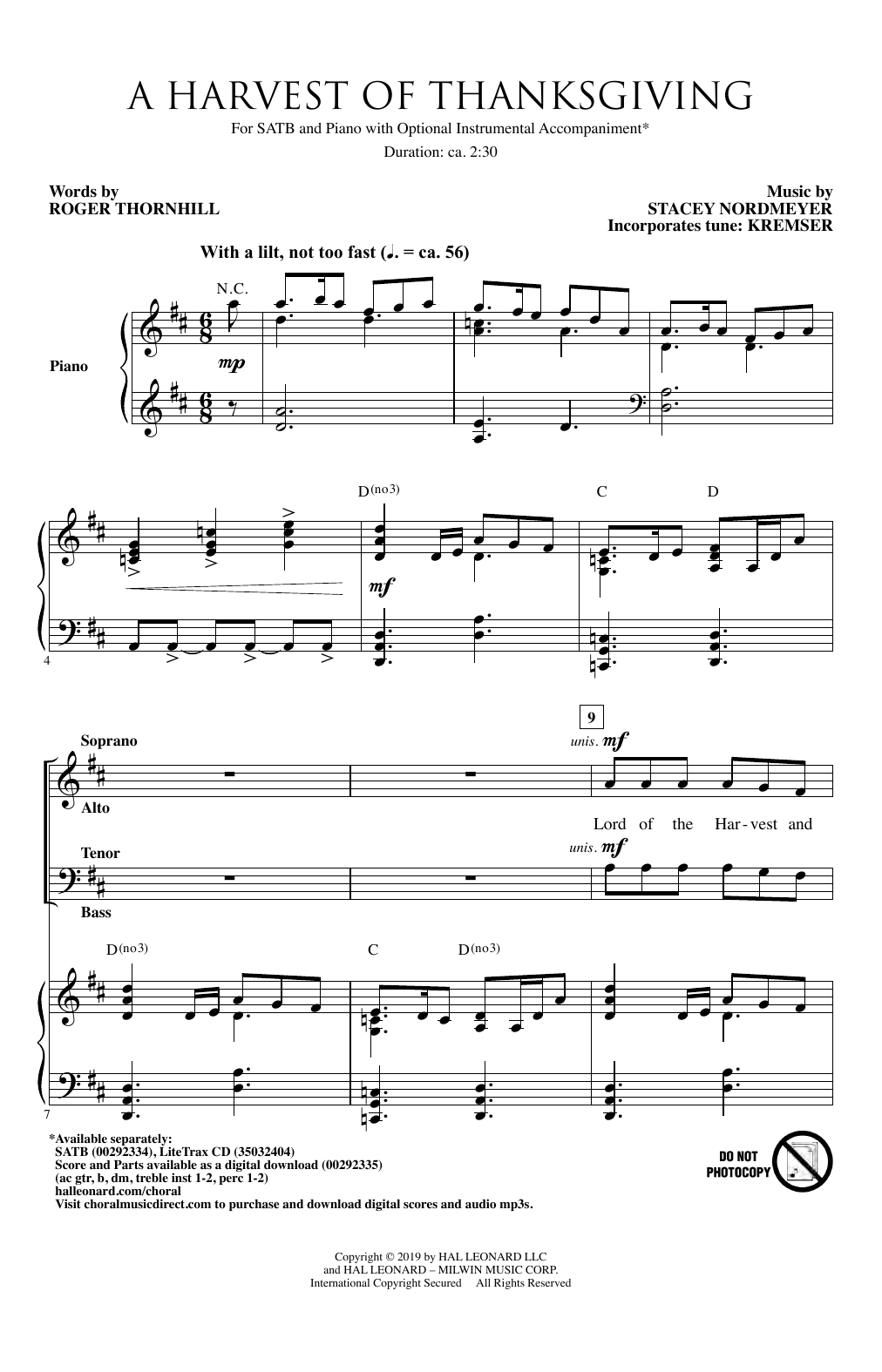 Download Roger Thornhill & Stacey Nordmeyer A Harvest Of Thanksgiving Sheet Music and learn how to play SATB Choir PDF digital score in minutes