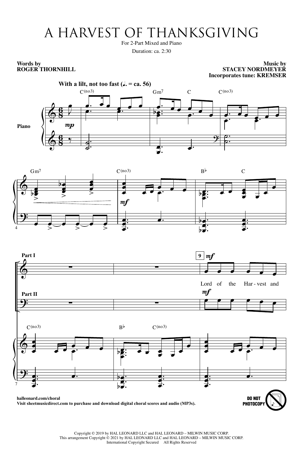 Download Roger Thornhill and Stacey Nordmeyer A Harvest Of Thanksgiving Sheet Music and learn how to play 2-Part Choir PDF digital score in minutes