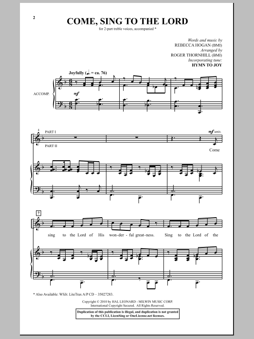 Download Roger Thornhill Come, Sing To The Lord Sheet Music and learn how to play 2-Part Choir PDF digital score in minutes