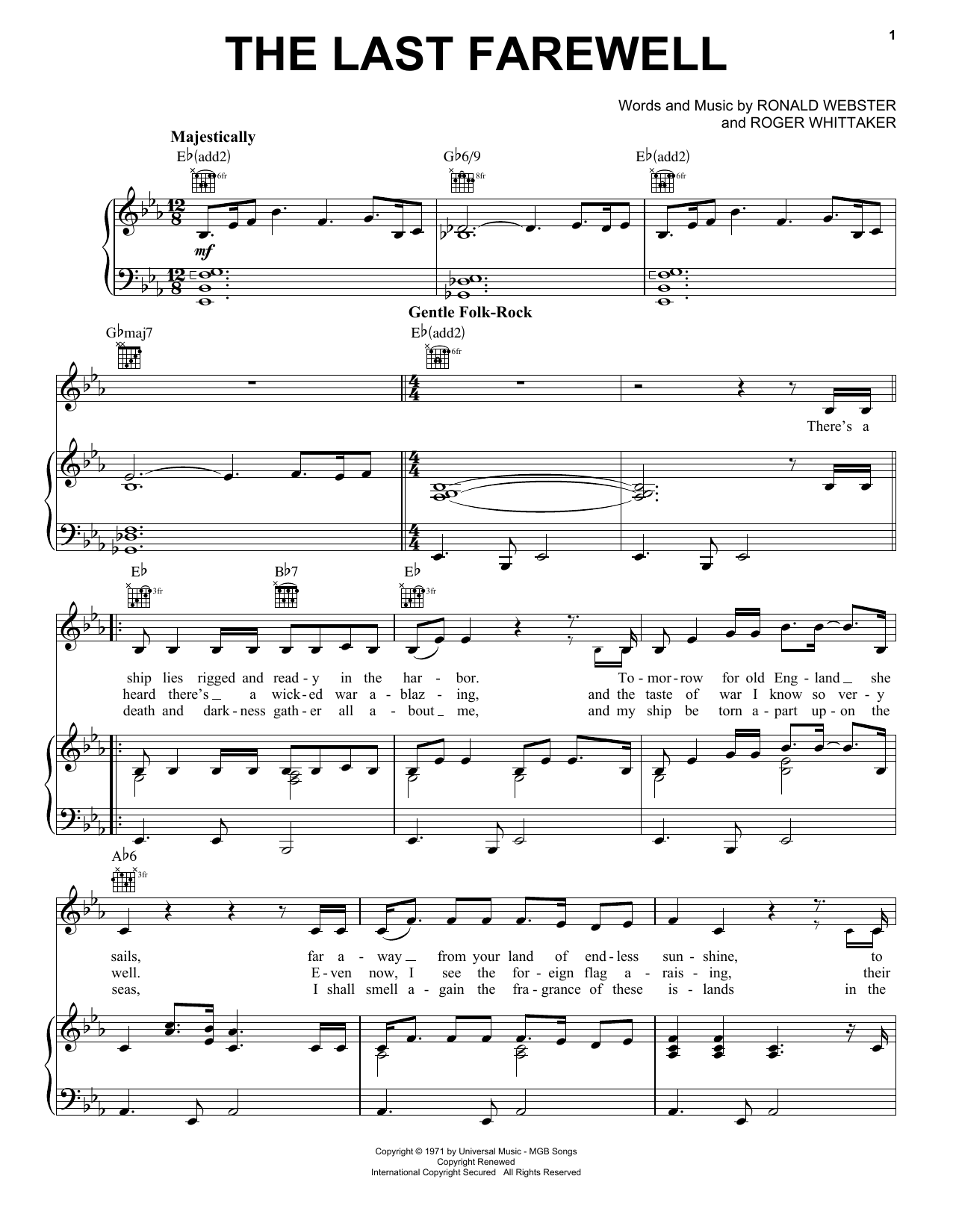 Download Roger Whittaker The Last Farewell Sheet Music and learn how to play Piano, Vocal & Guitar (Right-Hand Melody) PDF digital score in minutes