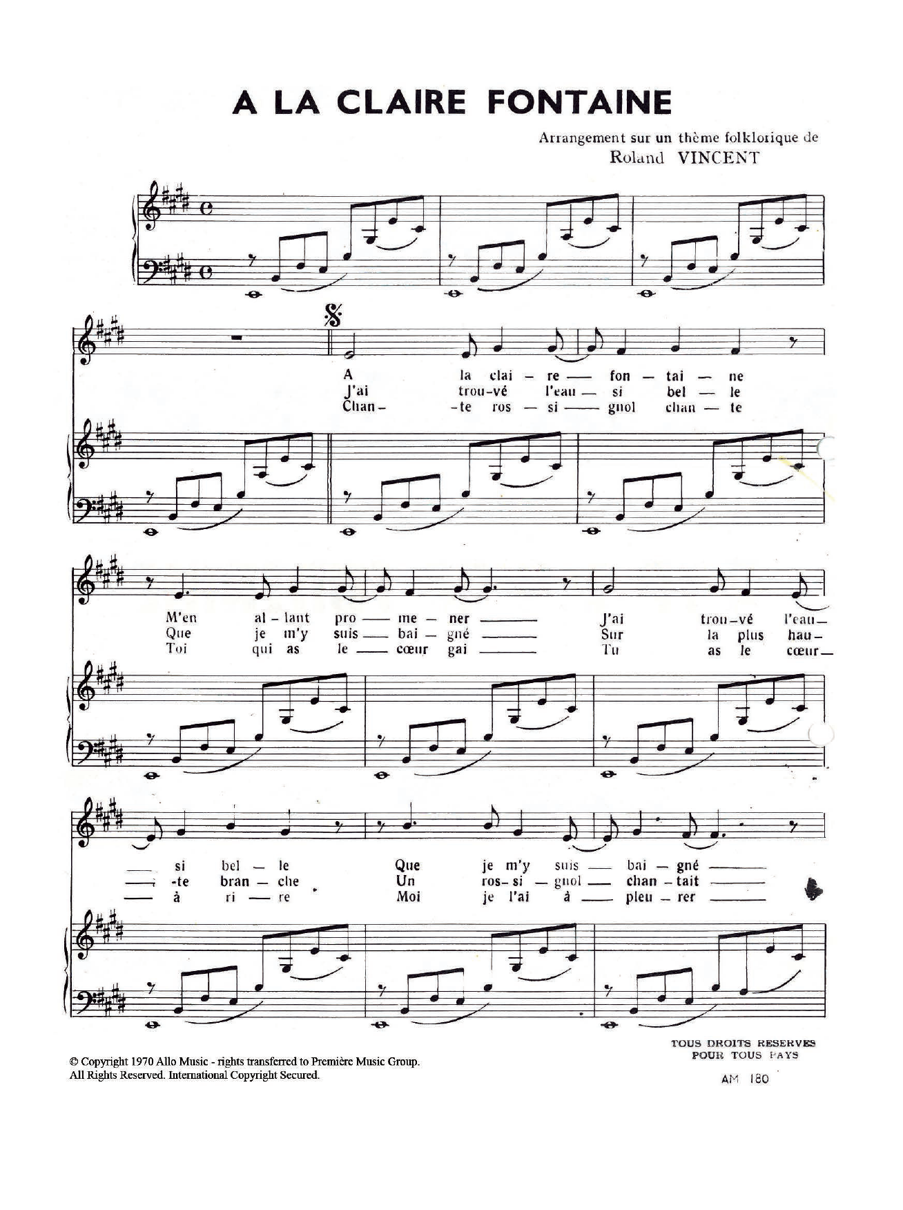 Download Roland Vincent A La Claire Fontaine Sheet Music and learn how to play Piano & Vocal PDF digital score in minutes