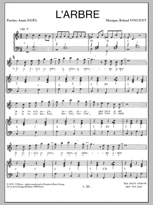 Download Roland Vincent Arbre Sheet Music and learn how to play Piano & Vocal PDF digital score in minutes