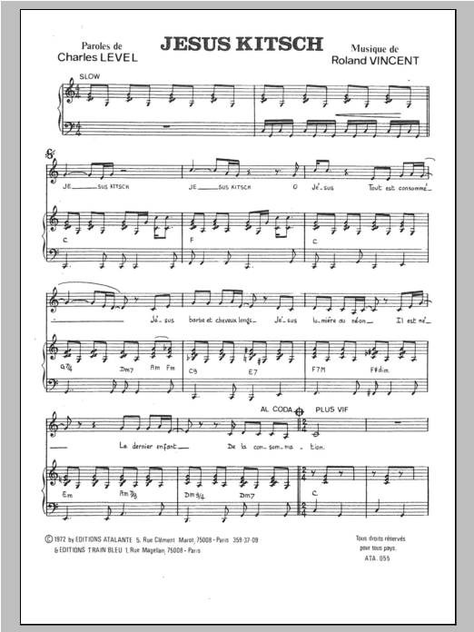 Download Roland Vincent Jesus Kitsch Sheet Music and learn how to play Piano & Vocal PDF digital score in minutes