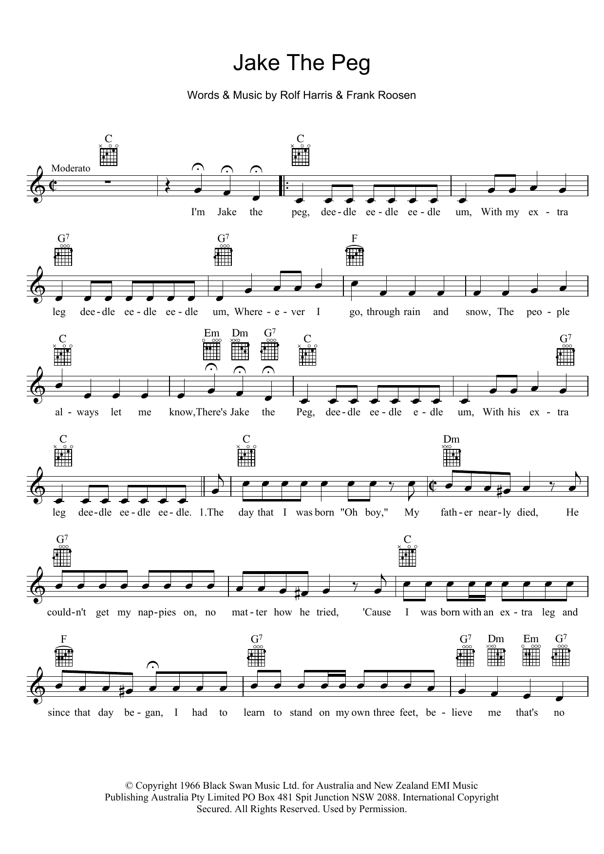 Download Rolf Harris Jake The Peg Sheet Music and learn how to play Melody Line, Lyrics & Chords PDF digital score in minutes
