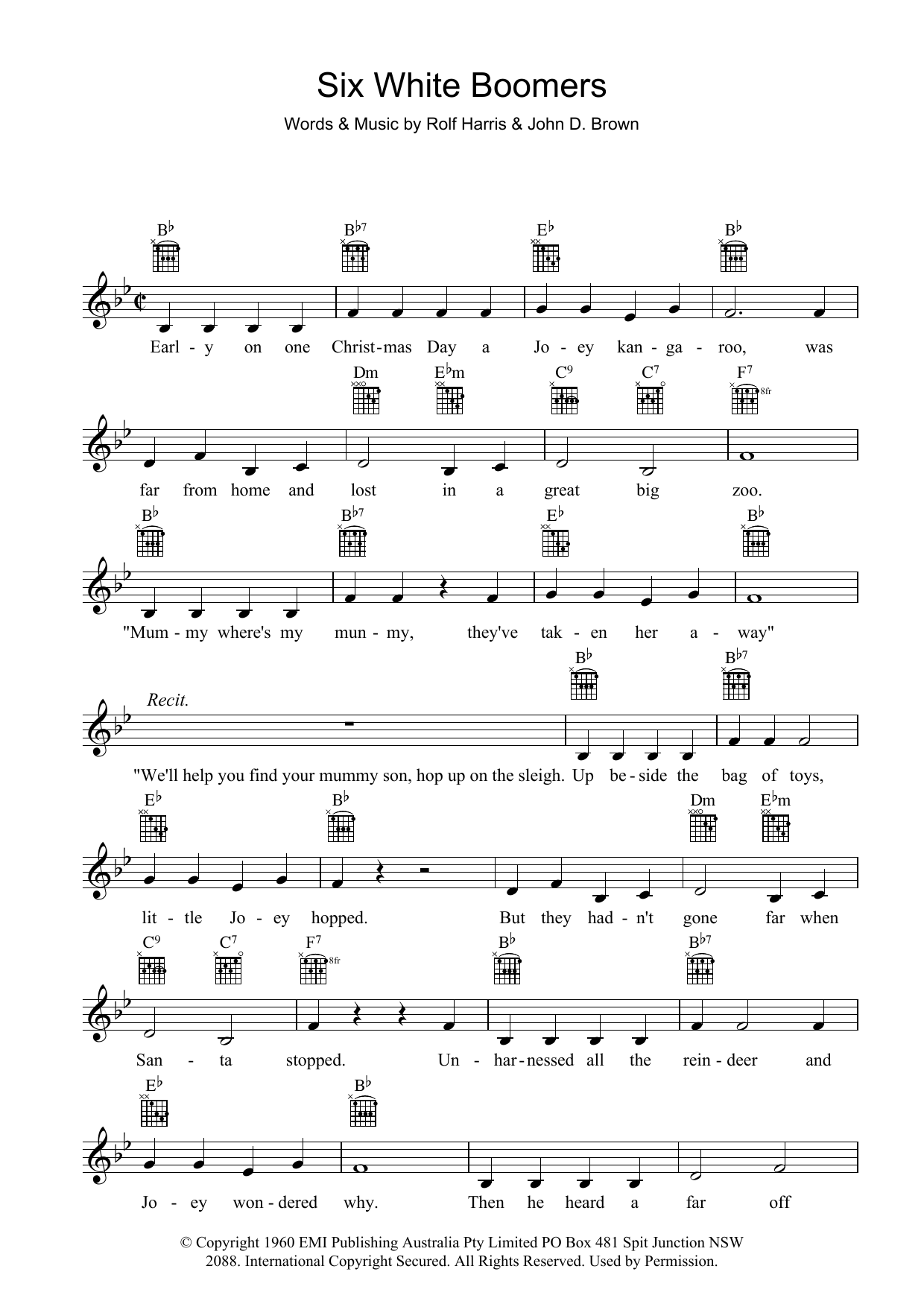 Download Rolf Harris Six White Boomers Sheet Music and learn how to play Melody Line, Lyrics & Chords PDF digital score in minutes