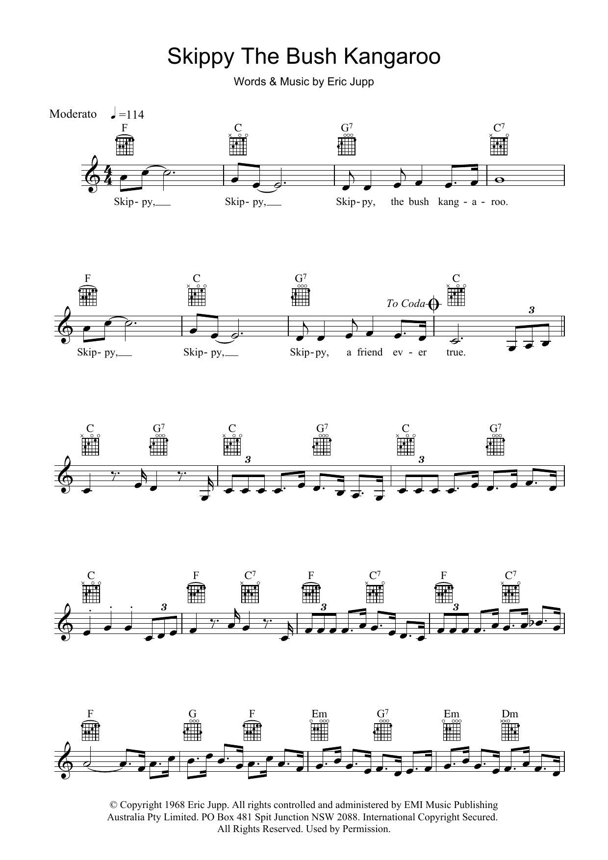 Download Rolf Harris Skippy The Bush Kangaroo Sheet Music and learn how to play Melody Line, Lyrics & Chords PDF digital score in minutes