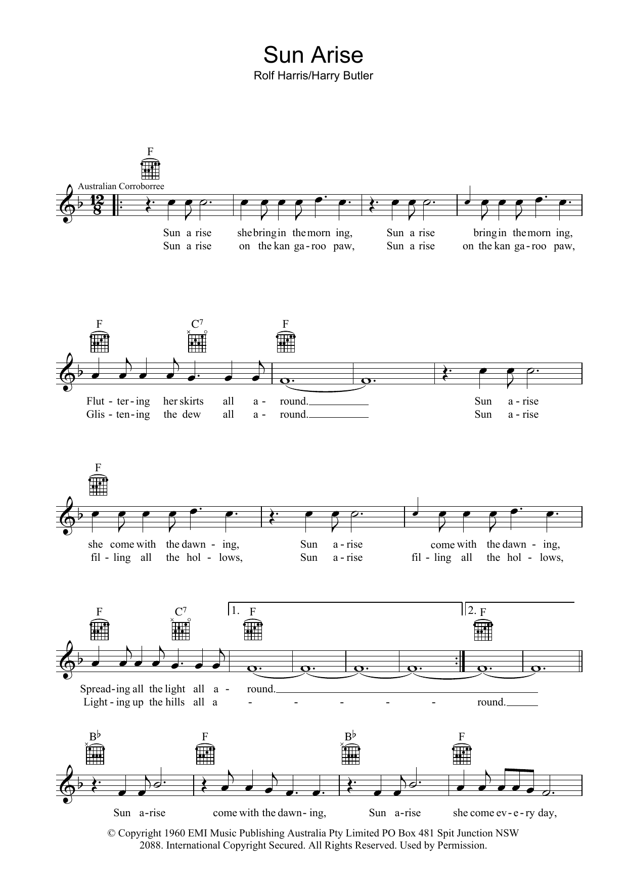 Download Rolf Harris Sun Arise Sheet Music and learn how to play Melody Line, Lyrics & Chords PDF digital score in minutes