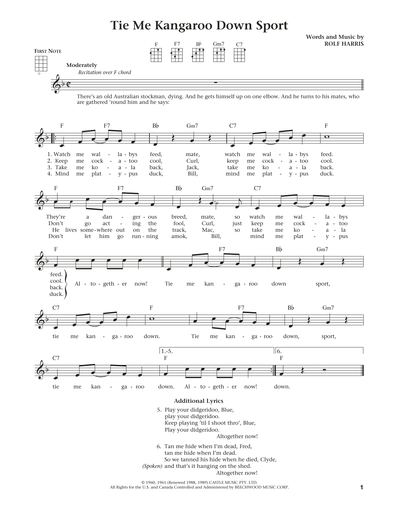 Download Rolf Harris Tie Me Kangaroo Down Sport Sheet Music and learn how to play Ukulele PDF digital score in minutes