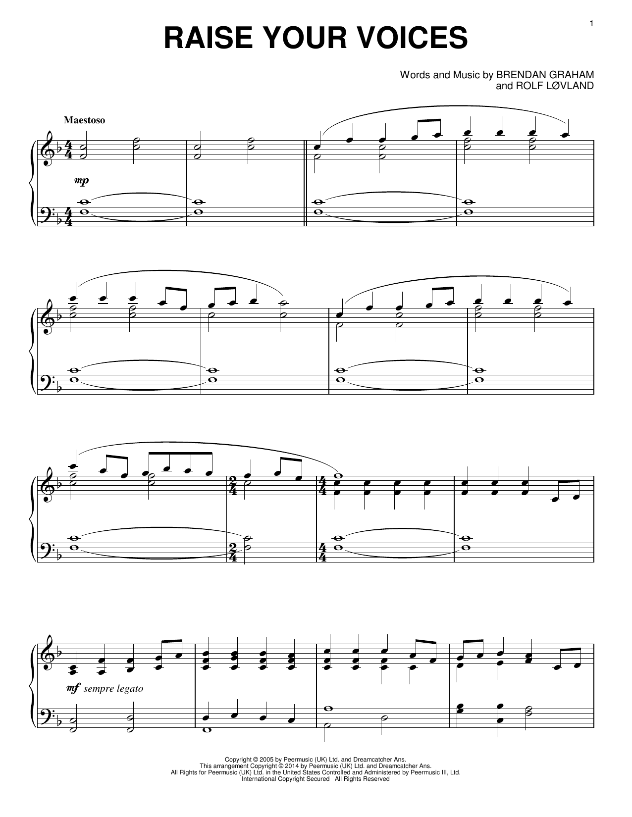 Download Rolf Løvland Raise Your Voices Sheet Music and learn how to play Piano PDF digital score in minutes