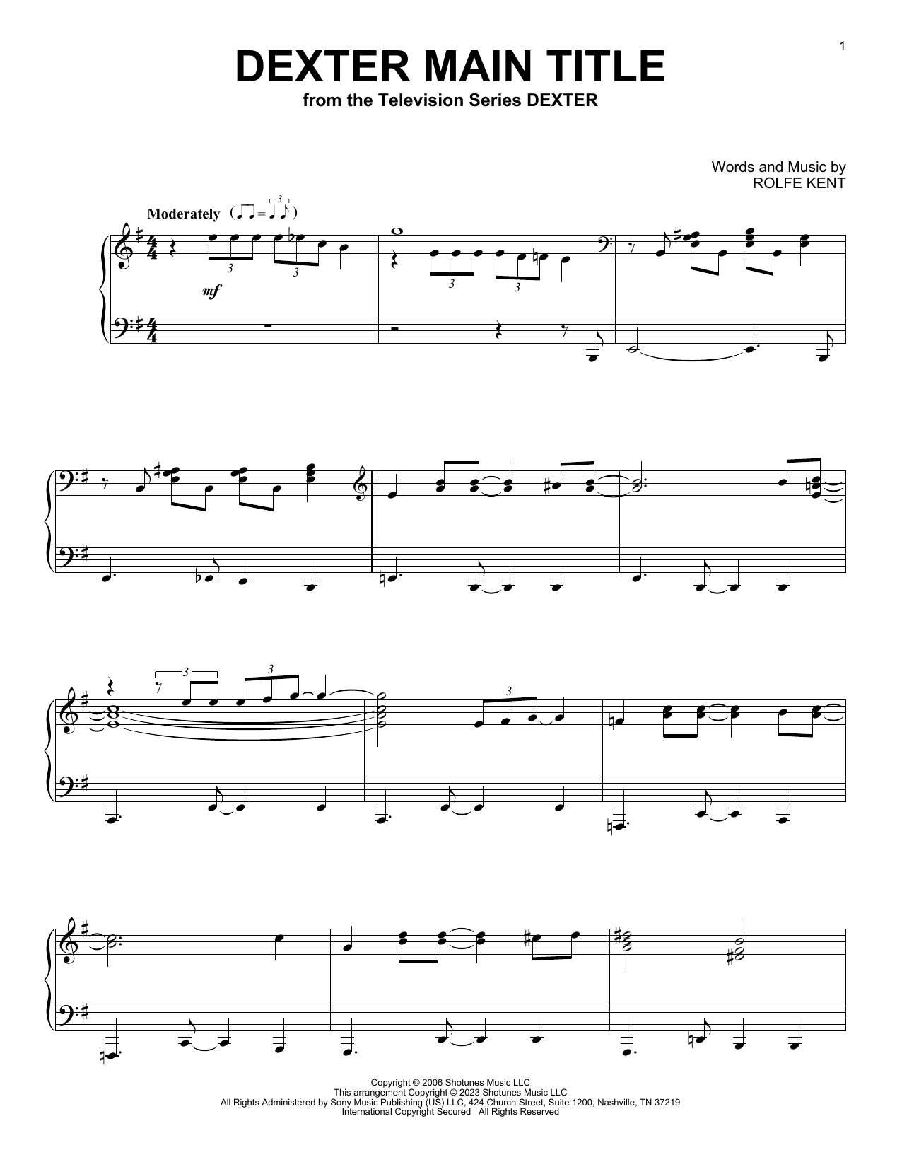 Download Rolfe Kent Dexter Main Title Sheet Music and learn how to play Piano PDF digital score in minutes