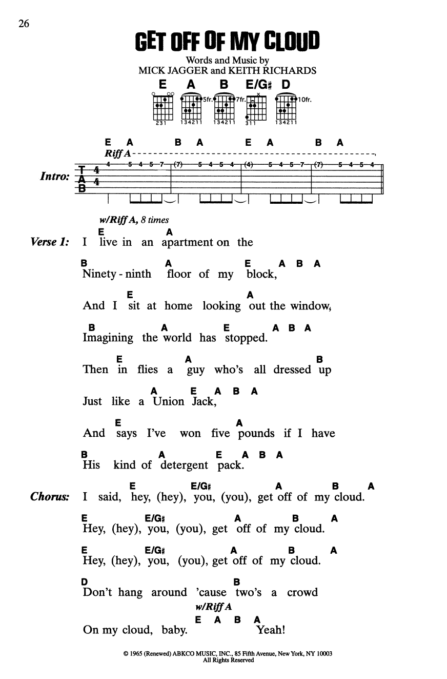 Download Rolling Stones Get Off My Cloud Sheet Music and learn how to play Guitar Chords/Lyrics PDF digital score in minutes