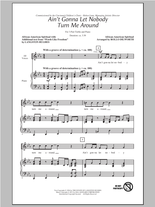 Download Traditional Spiritual Ain't Gonna Let Nobody Turn Me Around (arr. Rollo Dilworth) Sheet Music and learn how to play 3-Part Treble PDF digital score in minutes