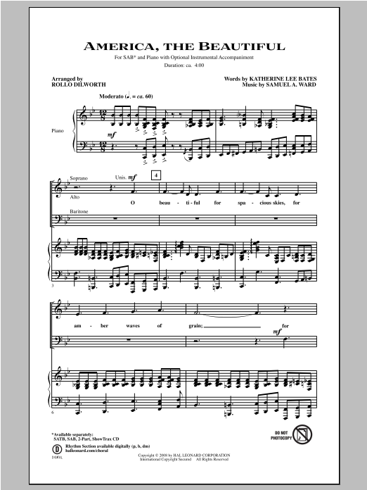 Download Rollo Dilworth America, The Beautiful Sheet Music and learn how to play SAB PDF digital score in minutes