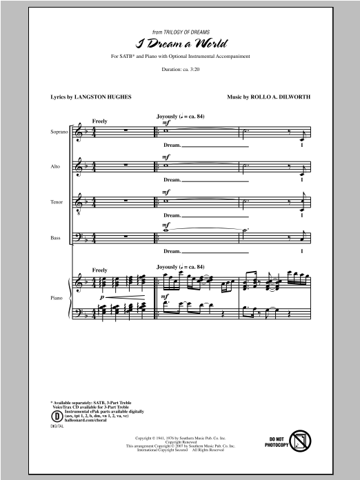 Download Rollo Dilworth I Dream A World (from Trilogy of Dreams) Sheet Music and learn how to play SATB PDF digital score in minutes