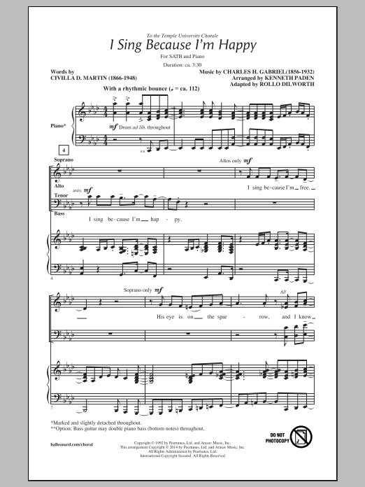 Download Rollo Dilworth I Sing Because I'm Happy Sheet Music and learn how to play 3-Part Treble PDF digital score in minutes