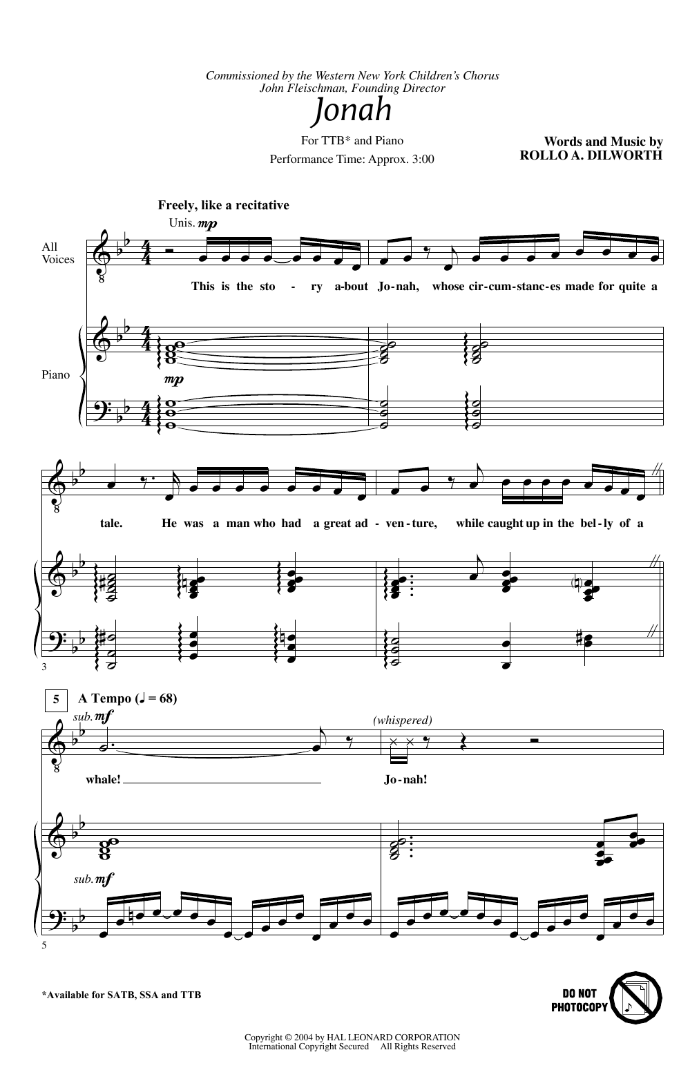 Download Rollo Dilworth Jonah Sheet Music and learn how to play Choral TTB PDF digital score in minutes