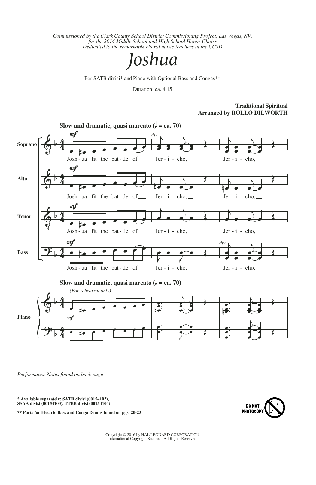 Download Rollo Dilworth Joshua (Fit The Battle Of Jericho) Sheet Music and learn how to play SSA PDF digital score in minutes