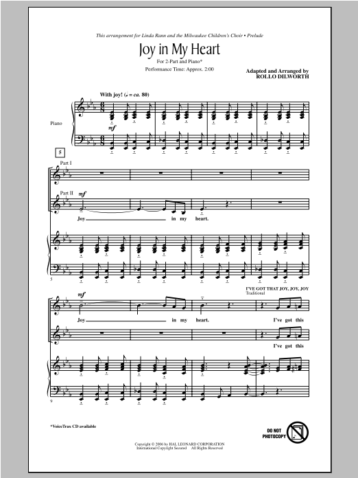 Download Rollo Dilworth Joy In My Heart Sheet Music and learn how to play 2-Part Choir PDF digital score in minutes