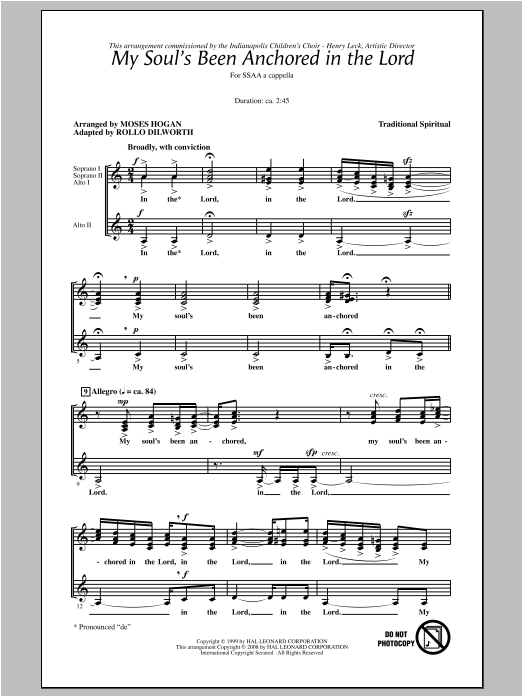 Download Traditional Spiritual My Soul's Been Anchored In De Lord (arr. Moses Hogan) Sheet Music and learn how to play SSA PDF digital score in minutes