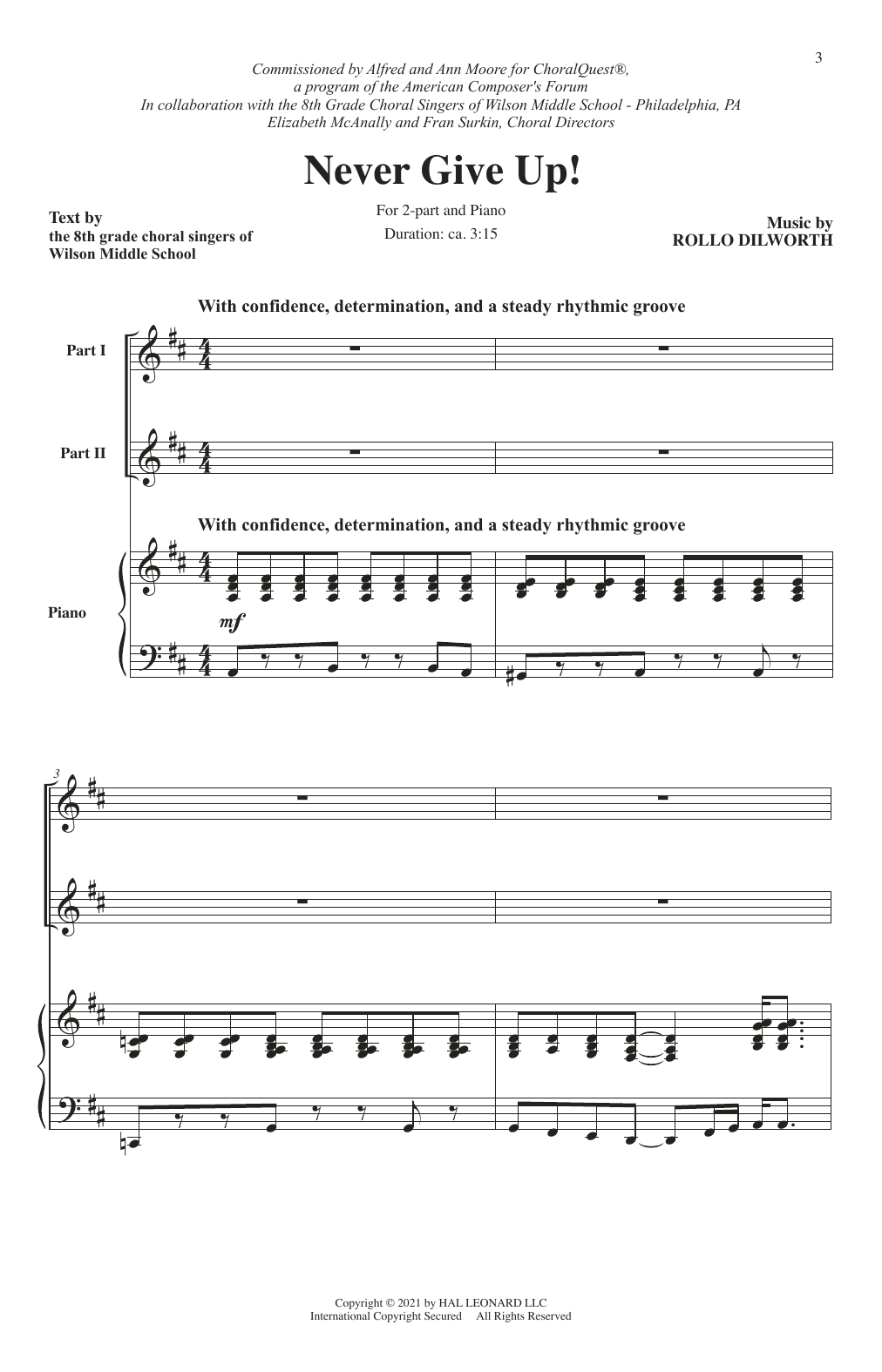 Download Rollo Dilworth Never Give Up Sheet Music and learn how to play 2-Part Choir PDF digital score in minutes