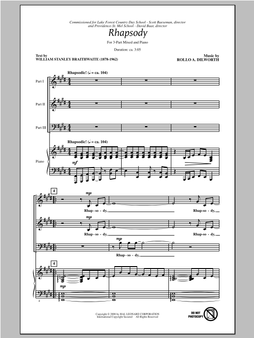 Download Rollo Dilworth Rhapsody Sheet Music and learn how to play 3-Part Mixed PDF digital score in minutes