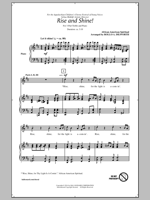 Download African-American Spiritual Rise And Shine! (arr. Rollo Dilworth) Sheet Music and learn how to play 3-Part Treble PDF digital score in minutes