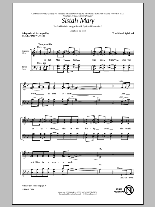 Download Rollo Dilworth Sistah Mary Sheet Music and learn how to play SATB PDF digital score in minutes