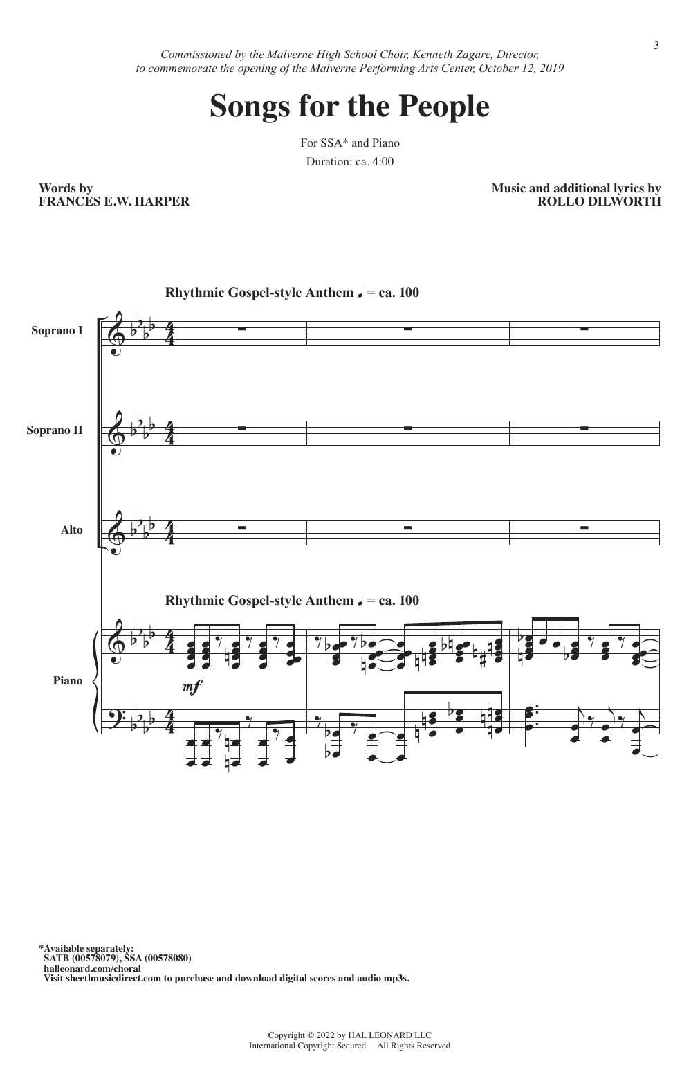 Download Rollo Dilworth Songs For The People Sheet Music and learn how to play SSA Choir PDF digital score in minutes