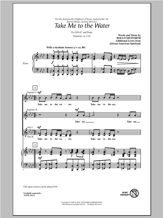 Download Rollo Dilworth Take Me To The Water Sheet Music and learn how to play SSA PDF digital score in minutes