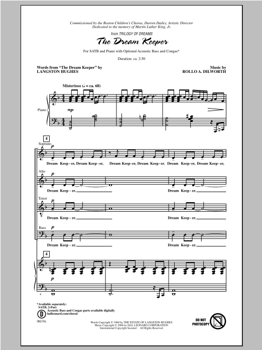 Download Rollo Dilworth The Dream Keeper (from Trilogy of Dreams) Sheet Music and learn how to play SATB PDF digital score in minutes