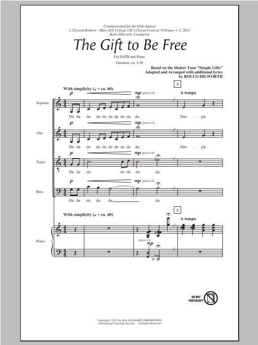 Download Rollo Dilworth The Gift To Be Free Sheet Music and learn how to play SATB PDF digital score in minutes