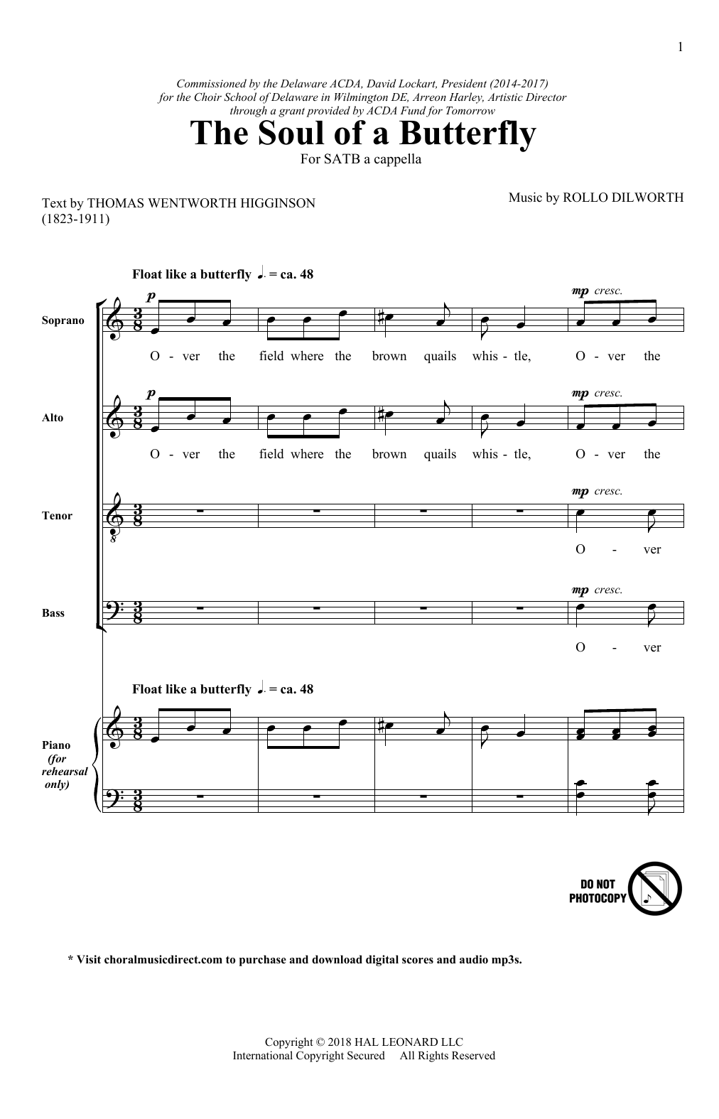 Download Rollo Dilworth The Soul Of A Butterfly Sheet Music and learn how to play SATB PDF digital score in minutes