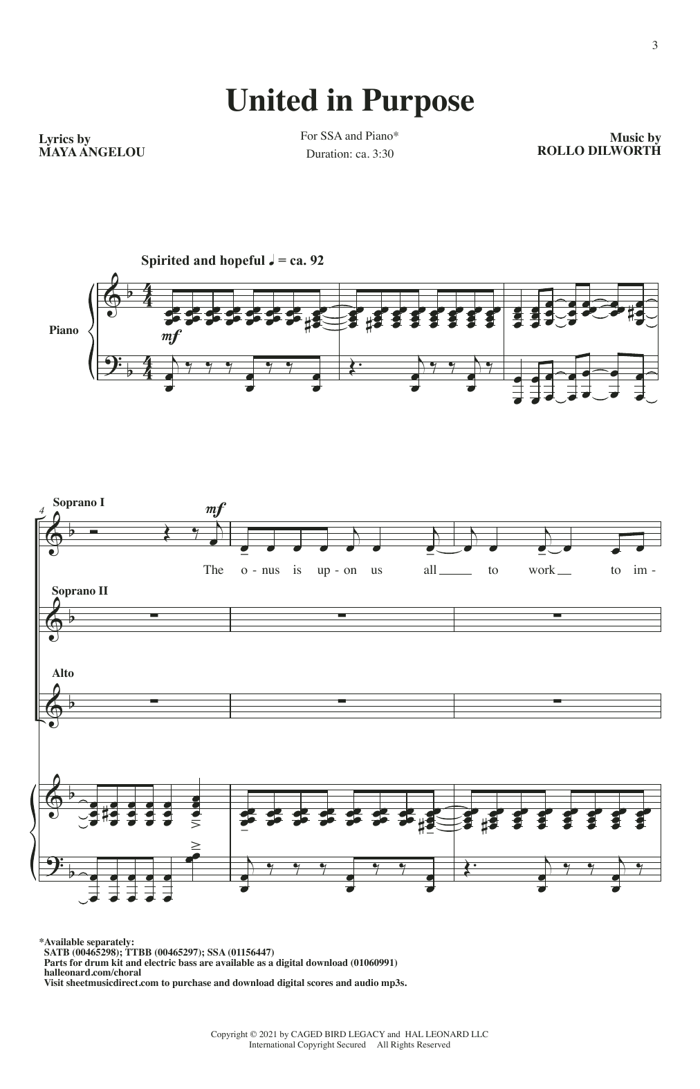 Download Rollo Dilworth United In Purpose Sheet Music and learn how to play SSA Choir PDF digital score in minutes