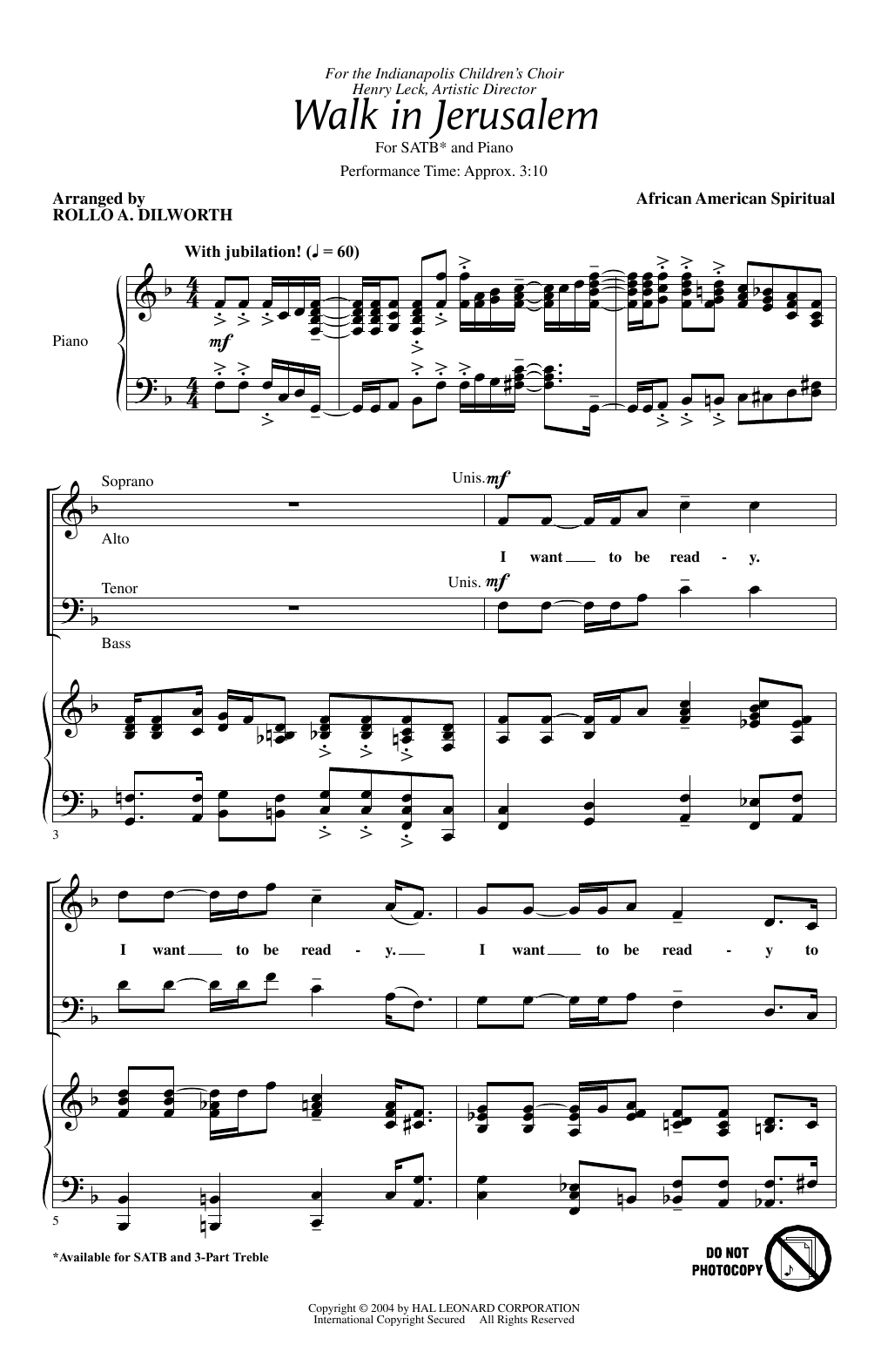 Download Rollo Dilworth Walk In Jerusalem, Just Like John Sheet Music and learn how to play 3-Part Treble PDF digital score in minutes