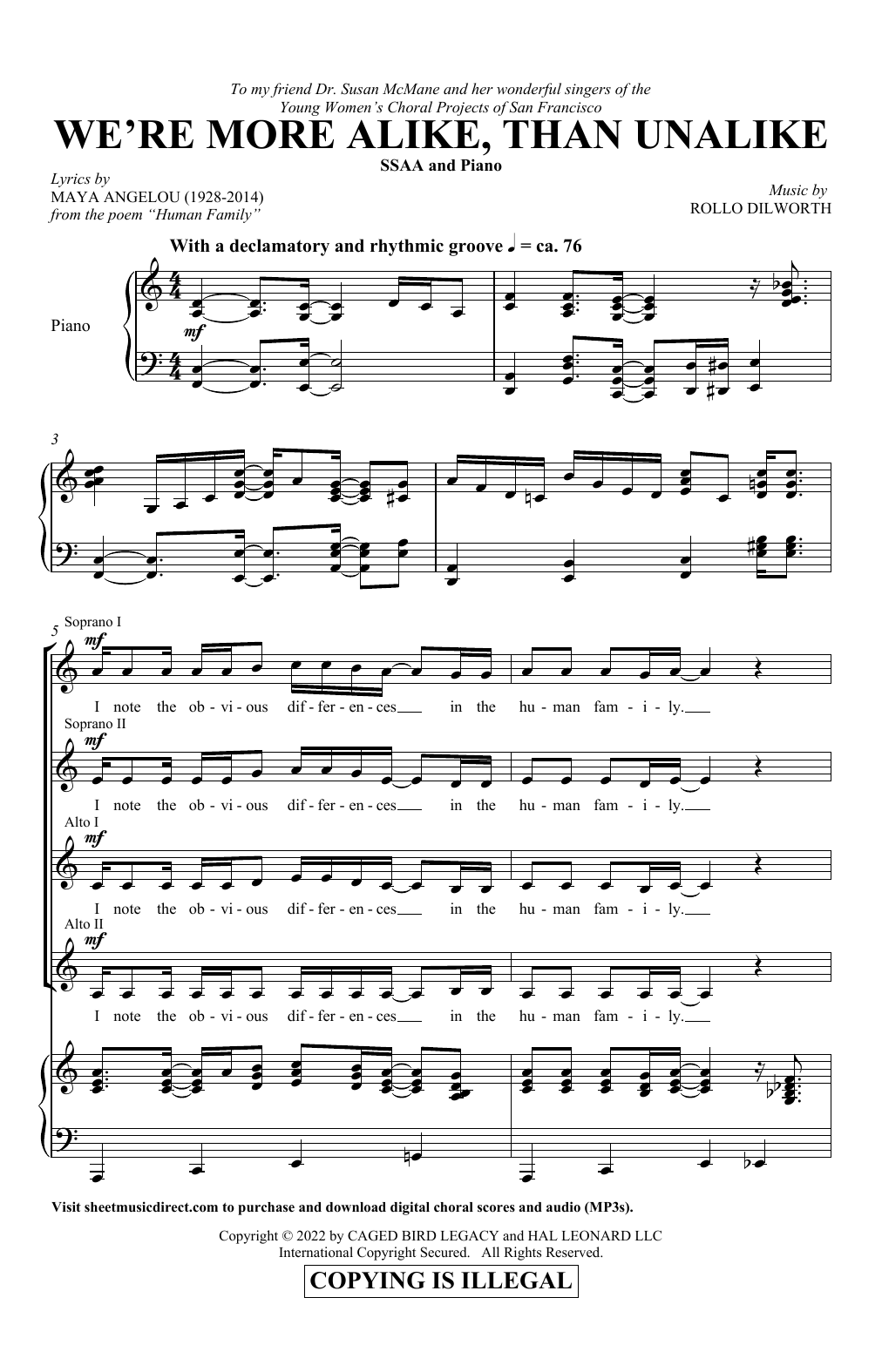 Download Rollo Dilworth We're More Alike, Than Unalike Sheet Music and learn how to play SSAA Choir PDF digital score in minutes