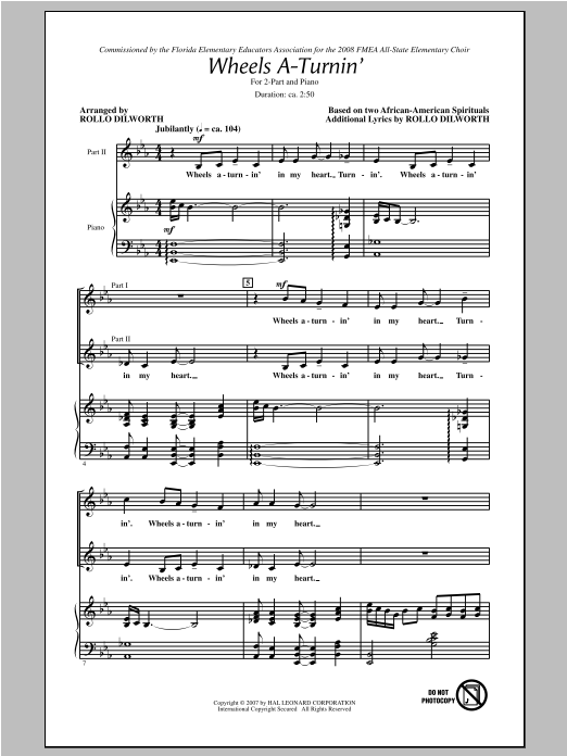 Download Traditional Spiritual Wheels A-Turnin' (arr. Rollo Dilworth) Sheet Music and learn how to play 2-Part Choir PDF digital score in minutes