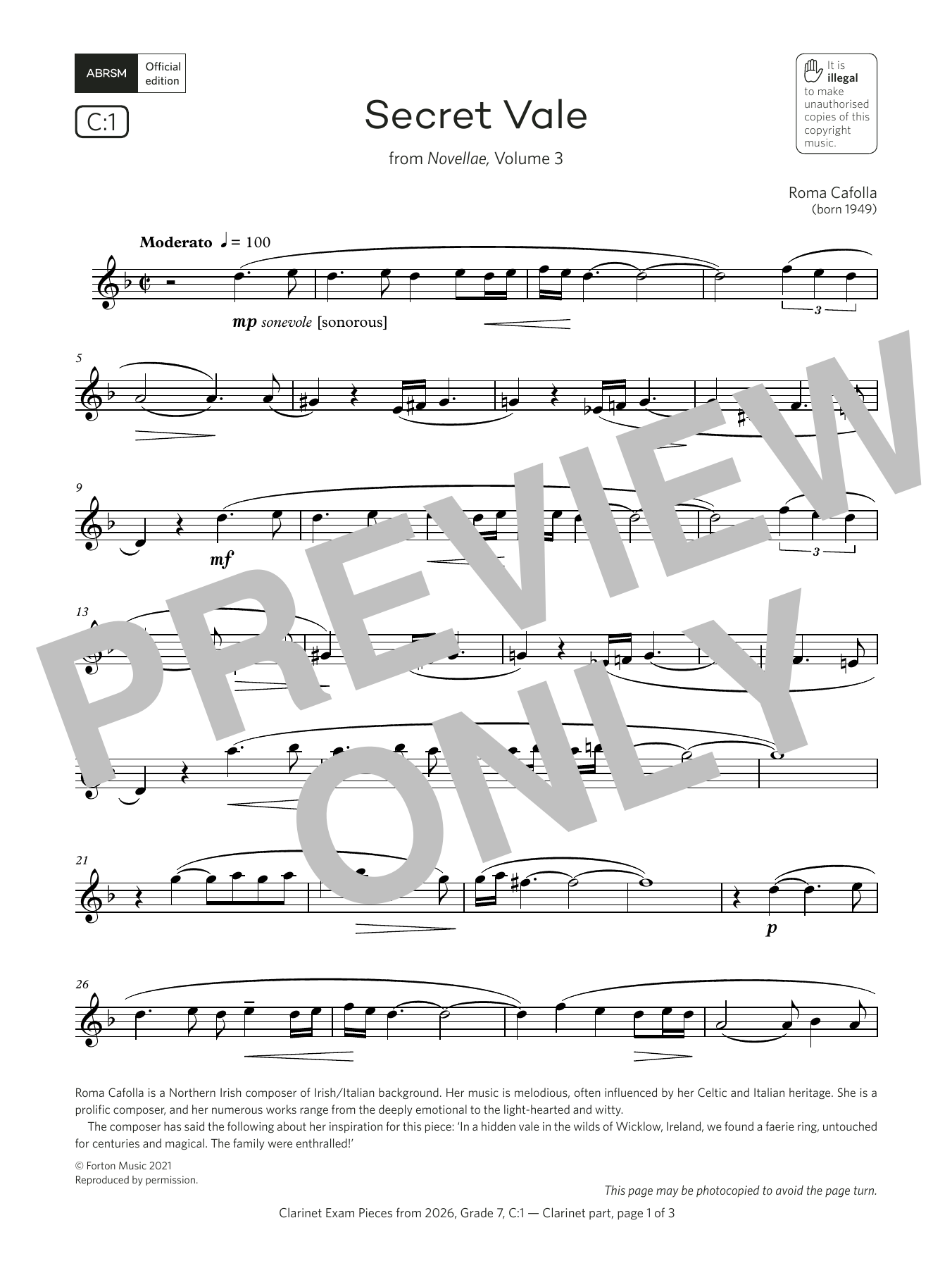 Download Roma Cafolla Secret Vale (Grade 7, list C1, from the ABRSM Clarinet Syllabus from 2026) Sheet Music and learn how to play Clarinet Solo PDF digital score in minutes