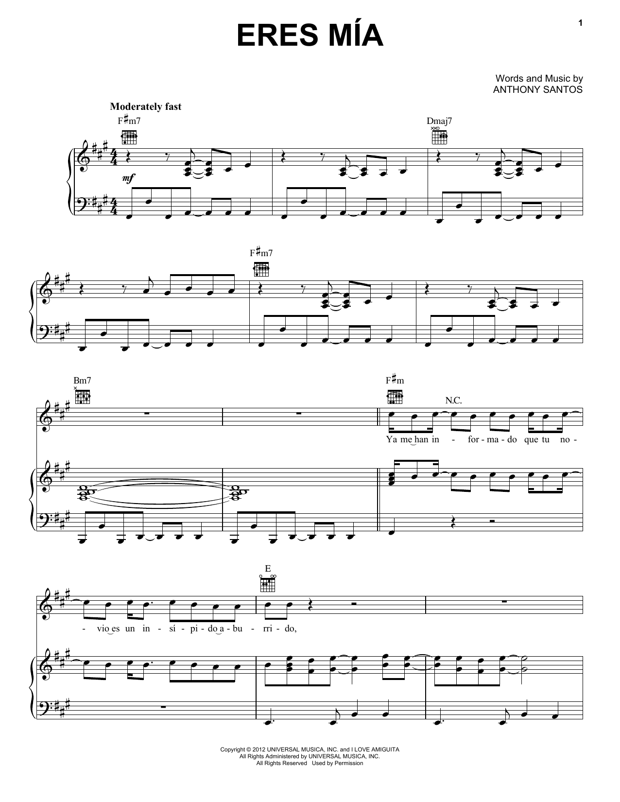 Download Romeo Santos Eres Mia Sheet Music and learn how to play Piano, Vocal & Guitar Chords (Right-Hand Melody) PDF digital score in minutes