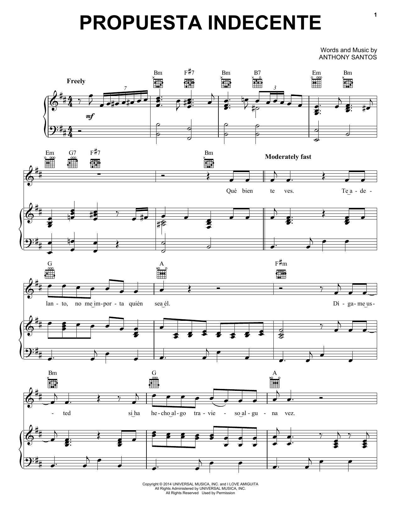 Download Romeo Santos Propuesta Indecente Sheet Music and learn how to play Piano, Vocal & Guitar Chords (Right-Hand Melody) PDF digital score in minutes