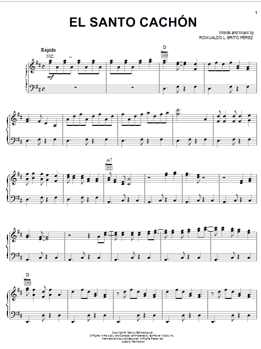 Download Romualdo L. Brito Perez El Santo Cachon Sheet Music and learn how to play Piano, Vocal & Guitar (Right-Hand Melody) PDF digital score in minutes