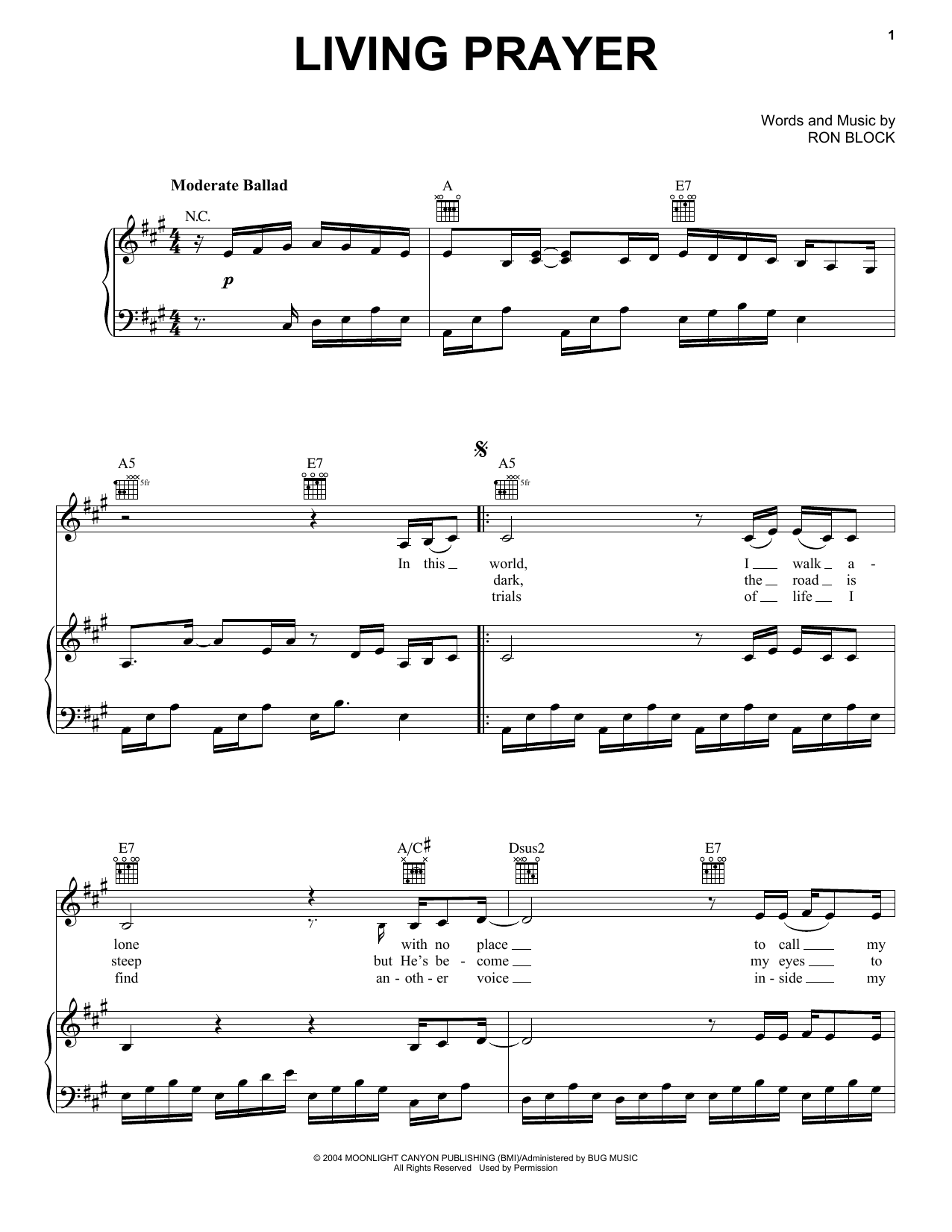 Download Ron Block Living Prayer Sheet Music and learn how to play Piano, Vocal & Guitar (Right-Hand Melody) PDF digital score in minutes