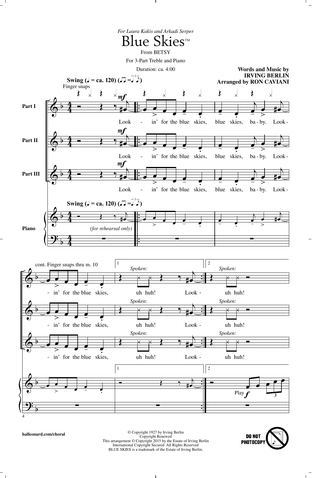 Download Irving Berlin Blue Skies (arr. Ron Caviani) Sheet Music and learn how to play 3-Part Treble PDF digital score in minutes