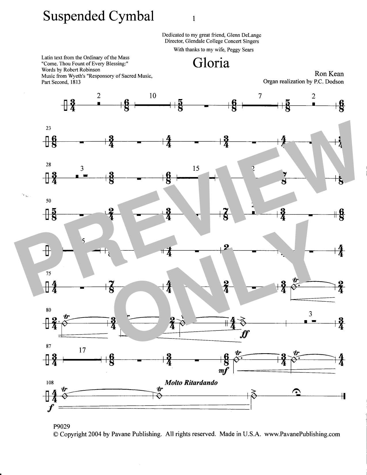 Download Ron Kean Gloria - Suspended Cymbal Sheet Music and learn how to play Choir Instrumental Pak PDF digital score in minutes