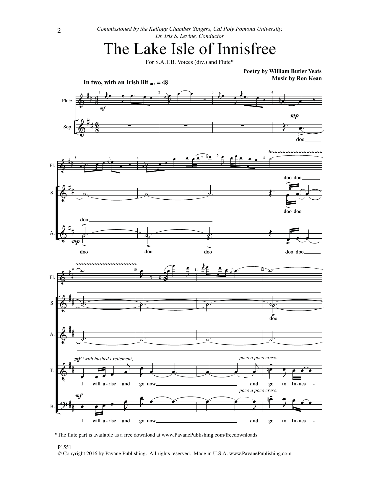 Download Ron Kean The Lake Isle of Innisfree Sheet Music and learn how to play SATB Choir PDF digital score in minutes